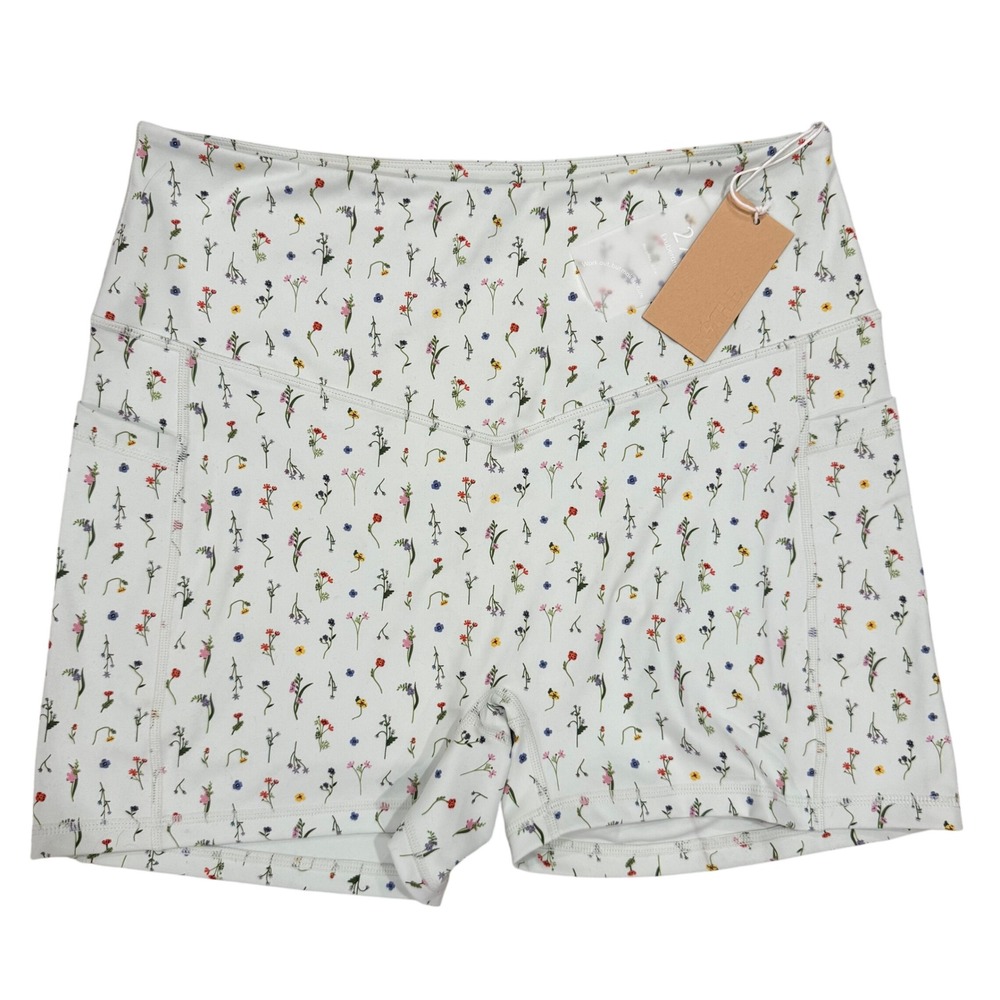 POPFLEX Booty Short Women 2X Mint Floral New High Waist Pocket Activewear Shorts